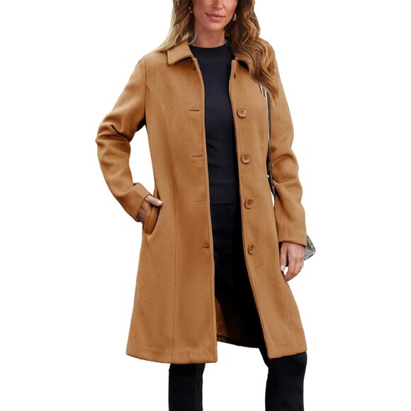 Women's Caramel Pea Coat Single Breasted Winter Coat Dress Coat with Pockets - Picture 1 of 8
